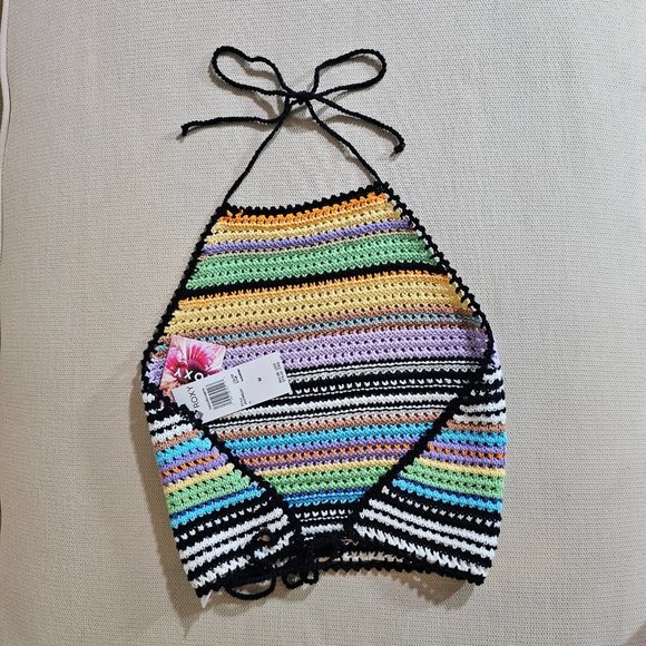 🏷️NWT Roxy Daydreamer Crochet Knit Halter Top In Rainbow/Black Stripes - Medium - Picture 6 of 9